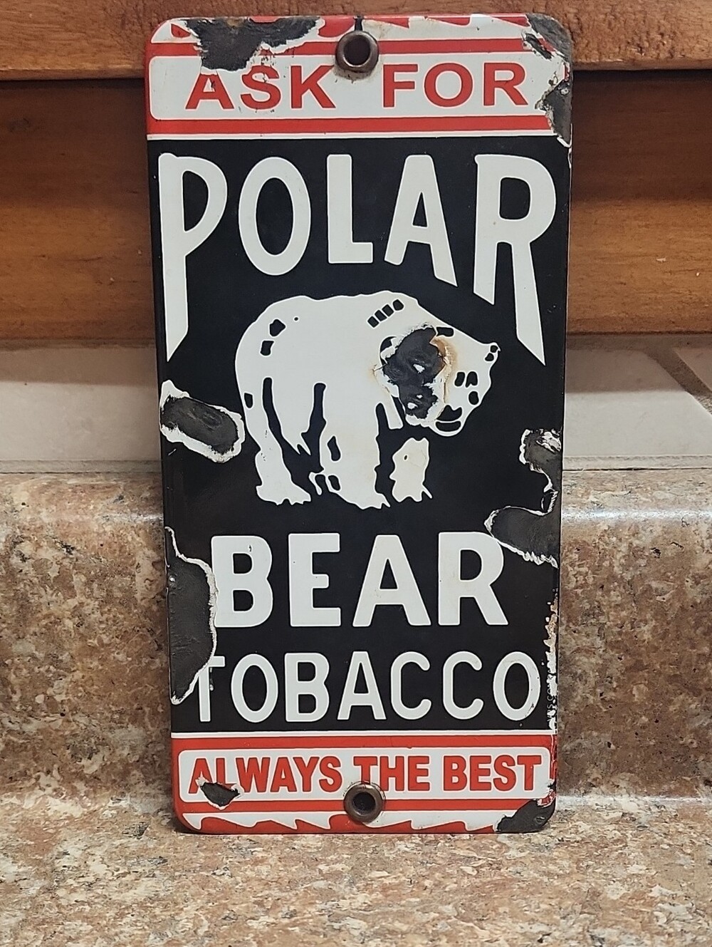 Antique Polar Bear Tobacco Vintage Metal Sign - Black & White with Red Accents